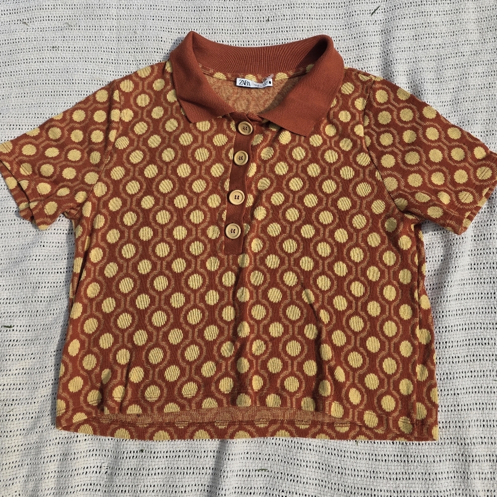 Zara Orange and Yellow Polo Shirt with Geometric Pattern